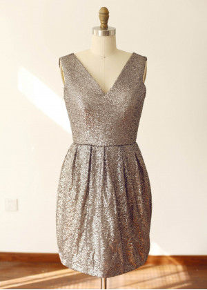 Chocolate Sequin V Back Short Bridesmaid Dress