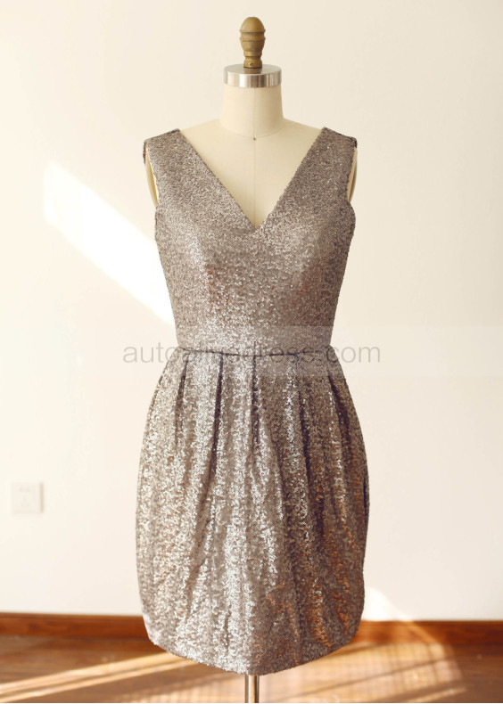 Chocolate Sequin V Back Short Bridesmaid Dress