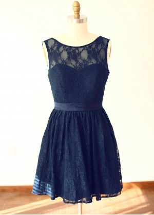 Navy Blue Lace V Back Short Bridesmaid Dress
