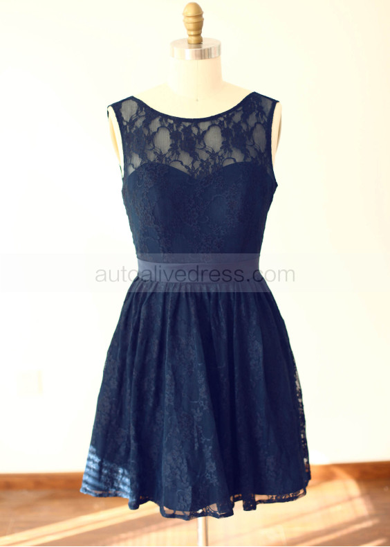 Navy Blue Lace V Back Short Bridesmaid Dress