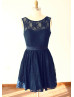 Navy Blue Lace V Back Short Bridesmaid Dress