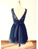 Navy Blue Lace V Back Short Bridesmaid Dress