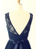 Navy Blue Lace V Back Short Bridesmaid Dress