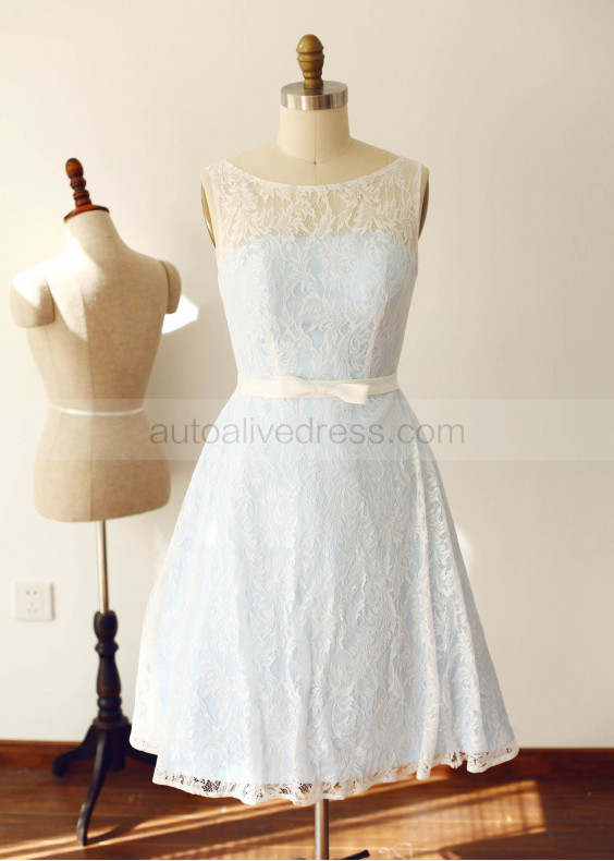 Ivory Lace Short Bridesmaid Dress With Blue Lining