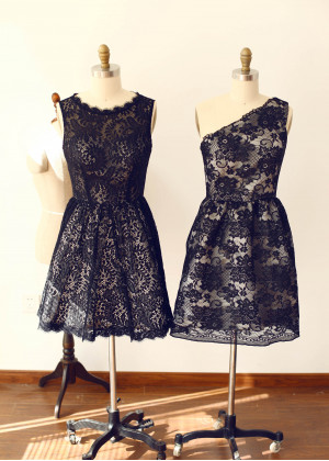 Black Lace Short Bridesmaid Dress