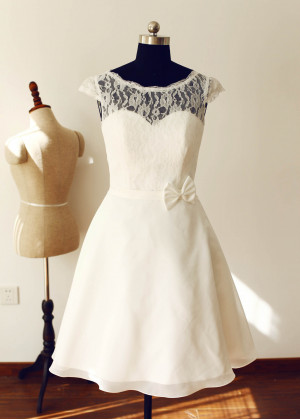 Cap Sleeves Ivory Lace Chiffon Sheer Back Short Wedding Dress