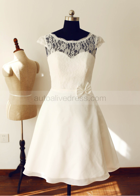 Cap Sleeves Ivory Lace Chiffon Sheer Back Short Wedding Dress