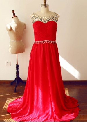 Beaded Red Pleated Chiffon Stunning Prom Dress