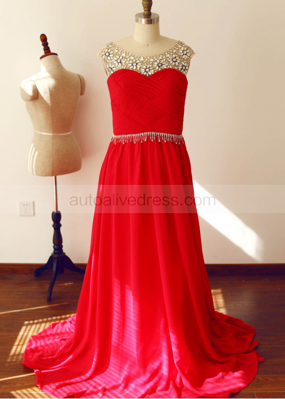 Beaded Red Pleated Chiffon Stunning Prom Dress