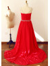 Beaded Red Pleated Chiffon Stunning Prom Dress