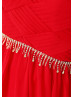 Beaded Red Pleated Chiffon Stunning Prom Dress