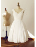 V Neck Beaded Ivory Taffeta Pleated Short Wedding Dress