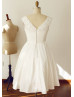 V Neck Beaded Ivory Taffeta Pleated Short Wedding Dress