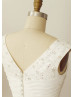 V Neck Beaded Ivory Taffeta Pleated Short Wedding Dress