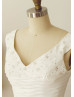 V Neck Beaded Ivory Taffeta Pleated Short Wedding Dress