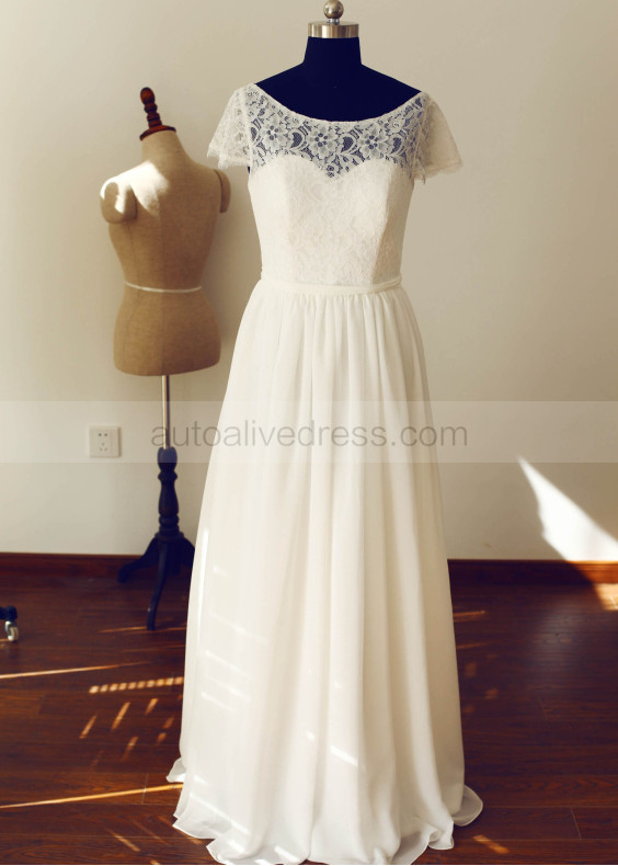 Diamond-shaped Hole Back Lace Chiffon Long Wedding Dress