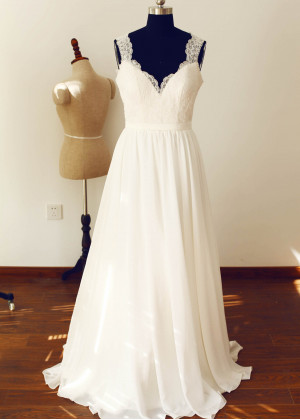 Long Lace Chiffon Buttons Back Wedding Dress
