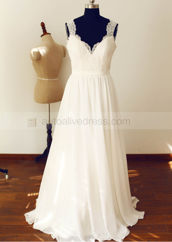 Long Lace Chiffon Buttons Back Wedding Dress