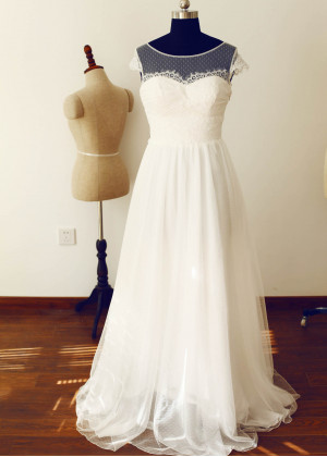 Polka Dots Tulle Lace Long Wedding Dress