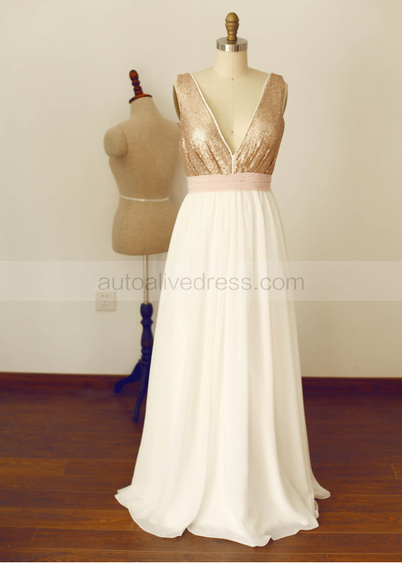 Deep V Neck Rose Gold Sequin Chiffon Backless Wedding Dress
