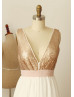 Deep V Neck Rose Gold Sequin Chiffon Backless Wedding Dress