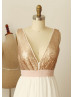Champagne Gold Sequin Chiffon V Cut Long  Prom Dress