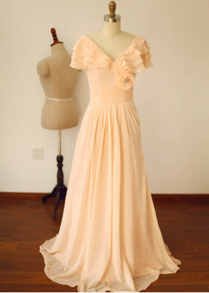V Neck Tiered Flutter Sleeves Champagne Chiffon Bridesmaid Dress