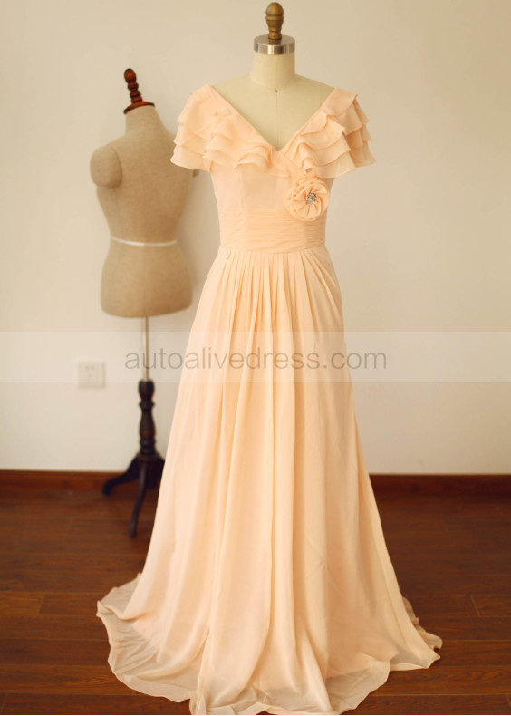 V Neck Tiered Flutter Sleeves Champagne Chiffon Bridesmaid Dress