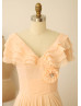 V Neck Tiered Flutter Sleeves Champagne Chiffon Bridesmaid Dress