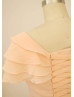 V Neck Tiered Flutter Sleeves Champagne Chiffon Bridesmaid Dress