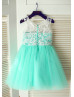 Ivory Lace Turquoise Tulle Knee Length Flower Girl Dress