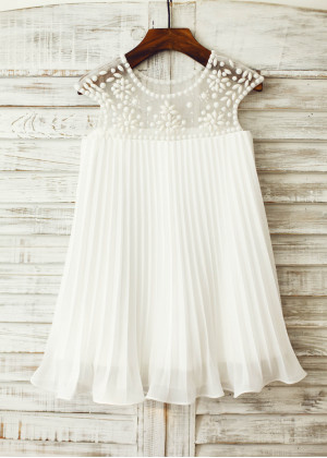 Sheer Beaded Neck Ivory Pleated Chiffon Bohemian Flower Girl Dress