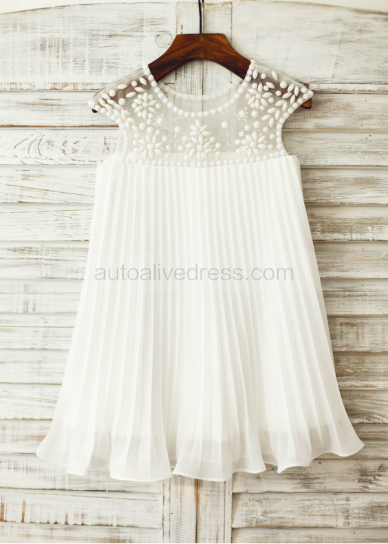 Sheer Beaded Neck Ivory Pleated Chiffon Bohemian Flower Girl Dress