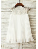 Sheer Beaded Neck Ivory Pleated Chiffon Bohemian Flower Girl Dress