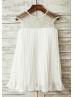 Sheer Beaded Neck Ivory Pleated Chiffon Bohemian Flower Girl Dress