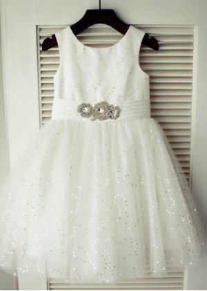 Ivory Sequined Tulle Knee Length Sparkly Flower Girl Dress