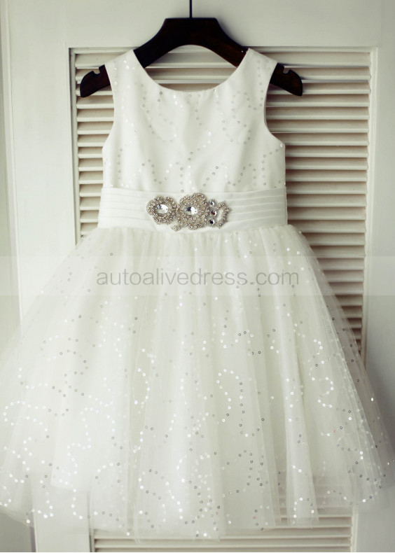 Ivory Satin Tulle Beaded Sash Knee Length Flower Girl Dress