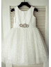 Ivory Satin Tulle Beaded Sash Knee Length Flower Girl Dress