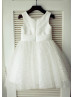 Ivory Satin Tulle Beaded Sash Knee Length Flower Girl Dress