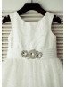 Ivory Satin Tulle Beaded Sash Knee Length Flower Girl Dress