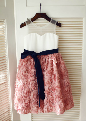Ivory Satin Tulle Top Rose Pink Rosette Skirt Flower Girl Dress