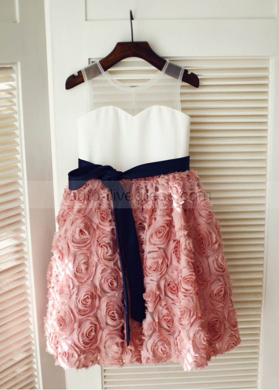 Ivory Satin Tulle Top Rose Pink Rosette Skirt  Flower Girl Dress