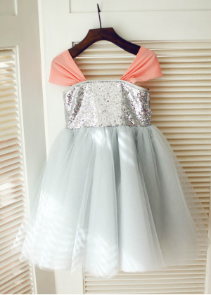 Coral Chiffon Straps Silver Sequin Tulle Flower Girl Dress