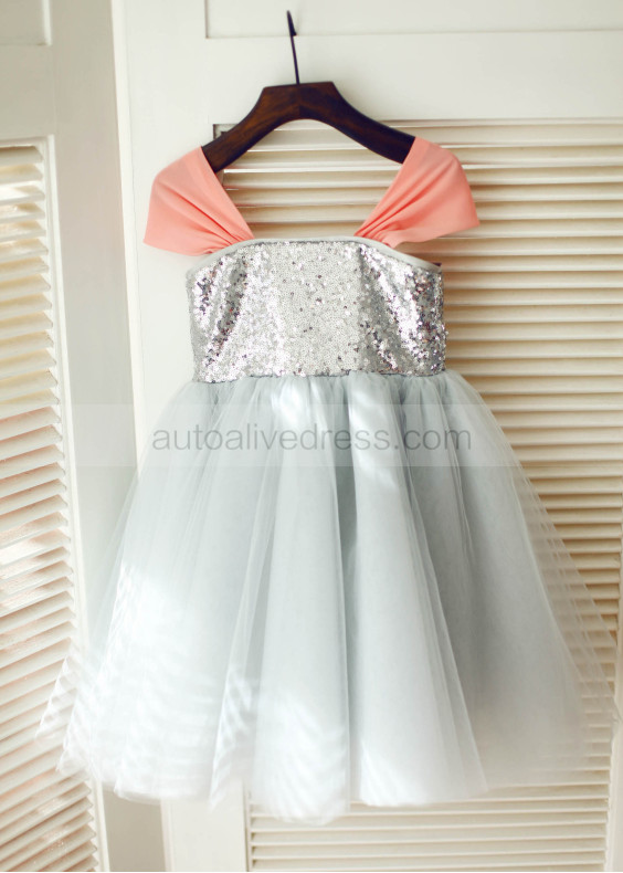 Silver Sequin Tulle Coral Chiffon Straps Flower Girl Dress