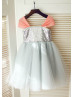Coral Chiffon Straps Silver Sequin Tulle Flower Girl Dress