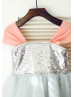Coral Chiffon Straps Silver Sequin Tulle Flower Girl Dress