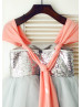 Coral Chiffon Straps Silver Sequin Tulle Flower Girl Dress