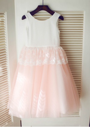 Ivory Cotton Lace Peplum Pink Tulle Flower Girl Dress