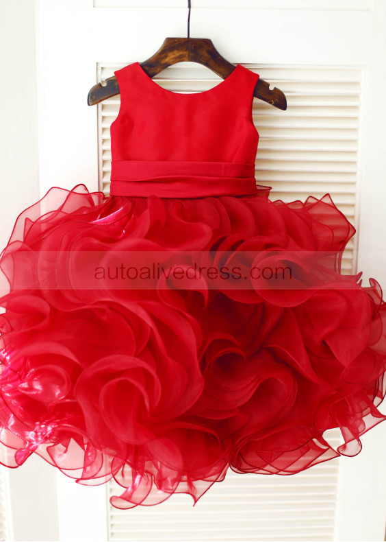 Red Satin Organza Ruffled Short Flower Girl Dress