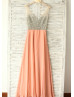 Coral Beaded Chiffon Long Prom Dress